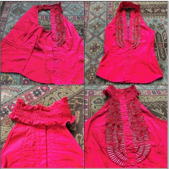 Fabulous Vivid Red Ruffled Button-Front Halter Top - Size XS - Vintage Piece! - Picture 9 of 16